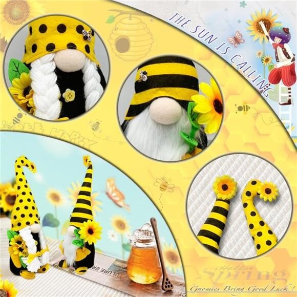 Spring & Summer Gnome Set – 2PCS Sunflower & Bee Plush Decorations, 15” & 14” - Picture 4 of 7